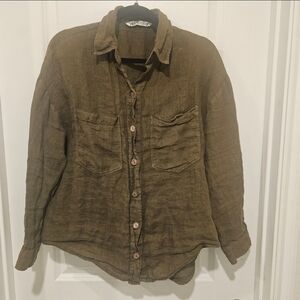 Zara Linen Olive Green Button-Up Shirt With Wooden Buttons Size L